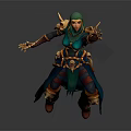 Fantasy Game Character With Green Hood Golden Accents Extended Hands And Crouching Stance