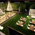 Outdoor Leisure Area With Tent Like Structures Grass Lawn Round Lights And Seating