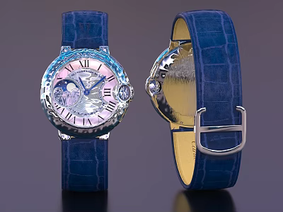 Crystal Embellished Elegant Watch with Blue Crocodile Leather Strap and Roman Numeral Dial 3d model