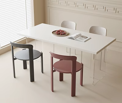 Minimalist White Dining Table Chair Set With Black Pink Chairs Berry Plate And Magazine 3d model