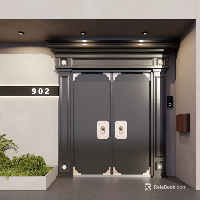 Modern Black Double Entrance Door With Metal Decor Frame House Number 902 And Greenery 3d model 