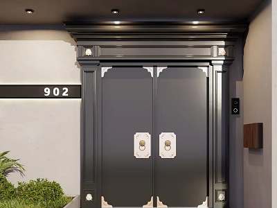 Modern Black Double Entrance Door With Metal Decor Frame House Number 902 And Greenery 3d model