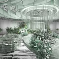 Elegant Banquet Hall Interior With Lush Floral Arrangements And Hanging Chandeliers