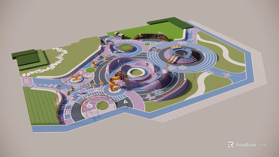 Children's Playground With Circular Play Structures Colorful Pathways And Grass Areas 3d model 