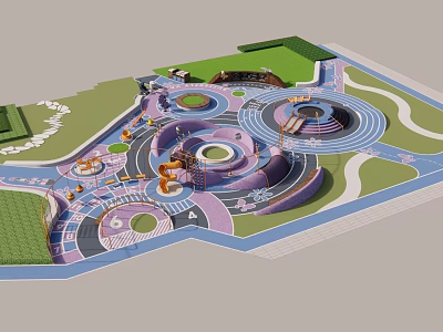 Children's Playground With Circular Play Structures Colorful Pathways And Grass Areas 3d model