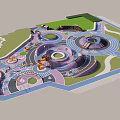 Children's Playground With Circular Play Structures Colorful Pathways And Grass Areas