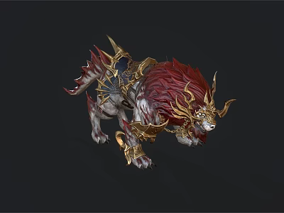Mythical Lion With Ornate Golden Armor Decorations Red Mane And White Body Fantasy Design 3d model