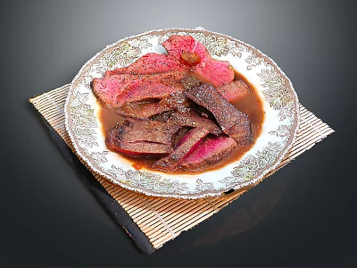 Sliced Juicy Steak With Rich Sauce On Decorative Plate And Bamboo Mat 3d model