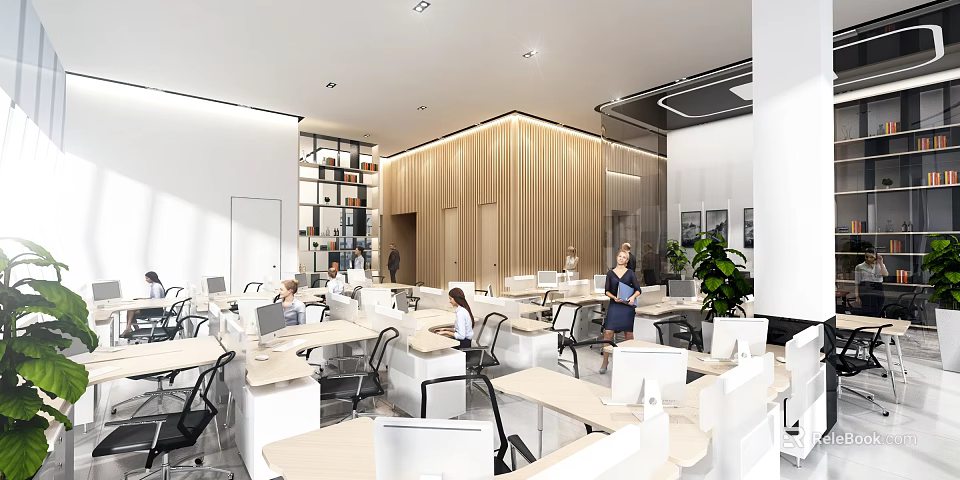 Modern Open Public Office Space With Workstations Computers And Green Plants 3d model