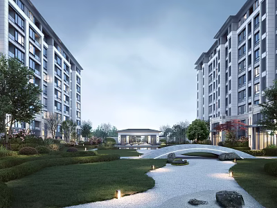Modern Residential Buildings With Landscaped Garden Stone Pathway And Bridge 3d model