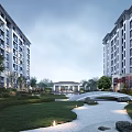 Modern Residential Buildings With Landscaped Garden Stone Pathway And Bridge