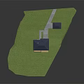 Detached Villa With Dark Blue Roof Large Windows Wooden Porch Green Lawn Pathway