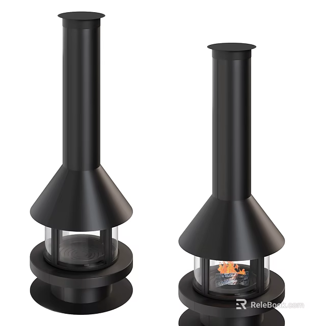 Two Modern Black Fireplaces With Glass Panel And Flame 3d model