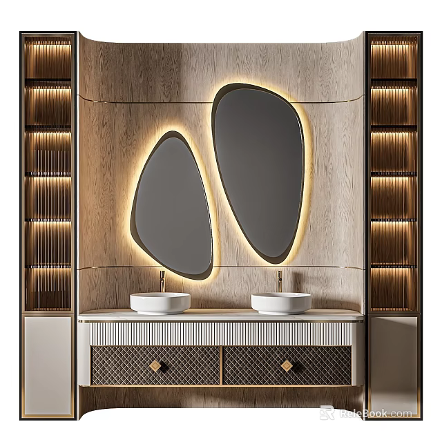 Modern Bathroom Vanity With Double Washbasins Backlit Mirrors And Wooden Cabinetry 3d model 