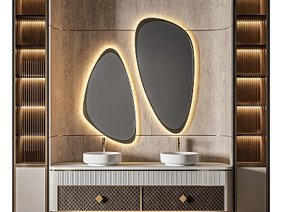 Modern Bathroom Vanity With Double Washbasins Backlit Mirrors And Wooden Cabinetry 3d model