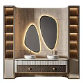 Modern Bathroom Vanity With Double Washbasins Backlit Mirrors And Wooden Cabinetry
