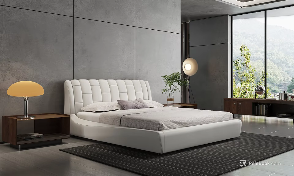 Modern Bedroom With White Upholstered Headboard Double Bed Gray Wall Nightstands Lamp And Plant 3d model 