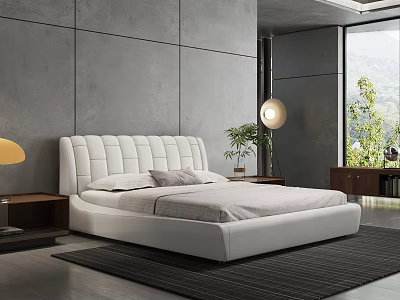Modern Bedroom With White Upholstered Headboard Double Bed Gray Wall Nightstands Lamp And Plant 3d model
