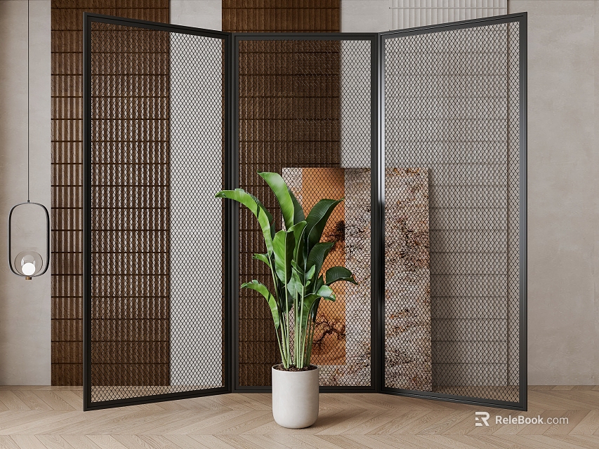 Modern Folding Mesh Room Divider With Metal Frame Green Plant And Wooden Floor 3d model 