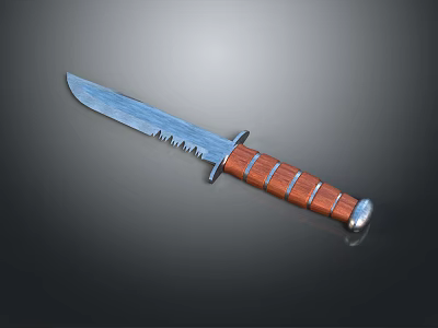 Tactical Serrated Survival Knife With Blue Blade Brown Striped Wooden Handle And Metal End 3d model