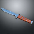 Tactical Serrated Survival Knife With Blue Blade Brown Striped Wooden Handle And Metal End