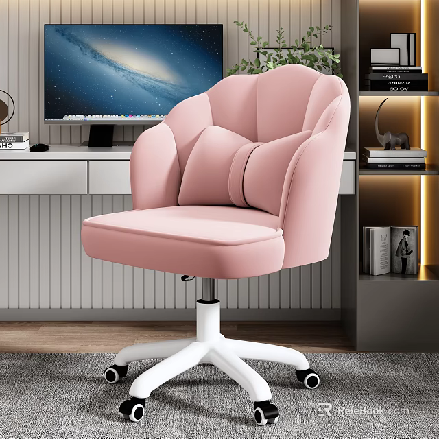 Pink Padded Office Chair With Curved Backrest White Base And Swivel Wheels In Modern Workspace 3d model 