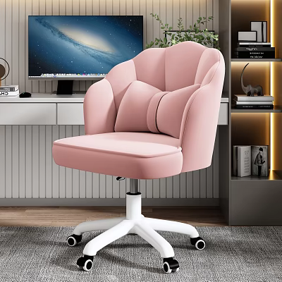 Pink Padded Office Chair With Curved Backrest White Base And Swivel Wheels In Modern Workspace 3d model