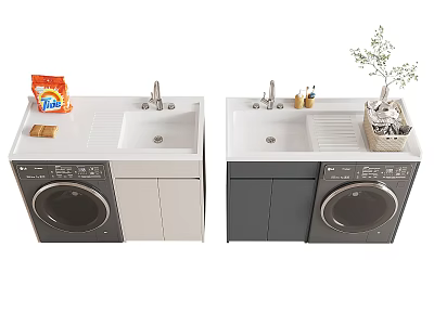 Light And Dark Colored Laundry Cabinets With Washing Machine Sink Countertop Detergent And Plants 3d model