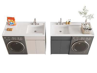 Light And Dark Colored Laundry Cabinets With Washing Machine Sink Countertop Detergent And Plants 3d model