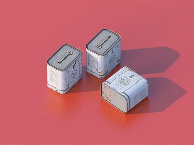 Three Vintage Metal Cans as Decorative Storage Containers on Red Background 3d model