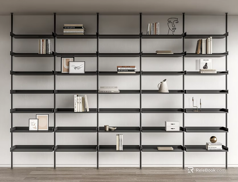 Modern Bookshelf with Multiple Shelves Books Picture Frames and Decorative Items 3d model