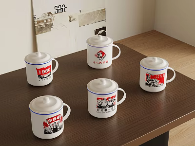 Vintage Ceramic Mugs With Lids On Wooden Table Featuring Retro Red Black Designs 3d model