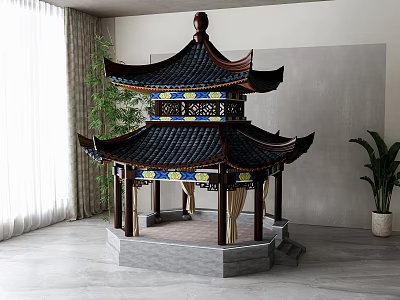 Ancient Chinese Pavilion Two Story Black Tiled Roof Blue Yellow Decor Wooden Pillars Stone Base 3d model