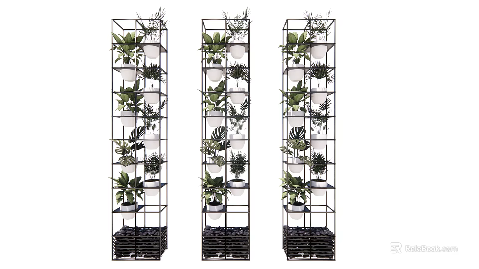 Three Modern Vertical Garden Planters with Black Metal Frame and Multi Tiered Green Plants 3d model 