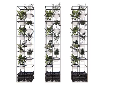 Three Modern Vertical Garden Planters with Black Metal Frame and Multi Tiered Green Plants 3d model