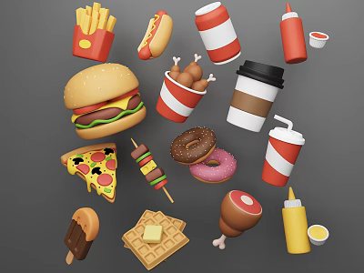 Variety Of Fast Food Items Including Burger Fries Hotdog Chicken Pizza And Drinks 3d model
