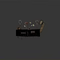 Worn Red Board With Square Openings And GO AWAY Text Beside Sandbags And Wooden Crate