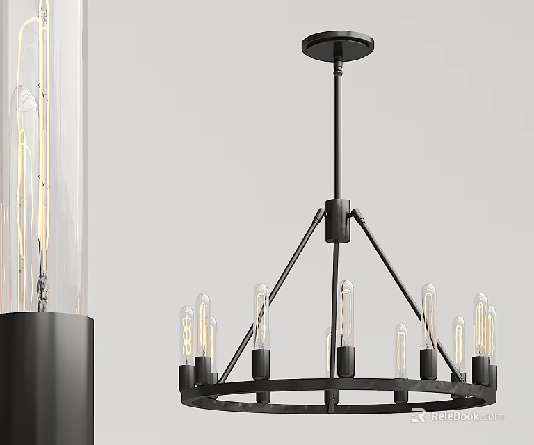 Modern Black Metal Round Chandelier With Clear Glass Bulbs And Hanging Design 3d model 