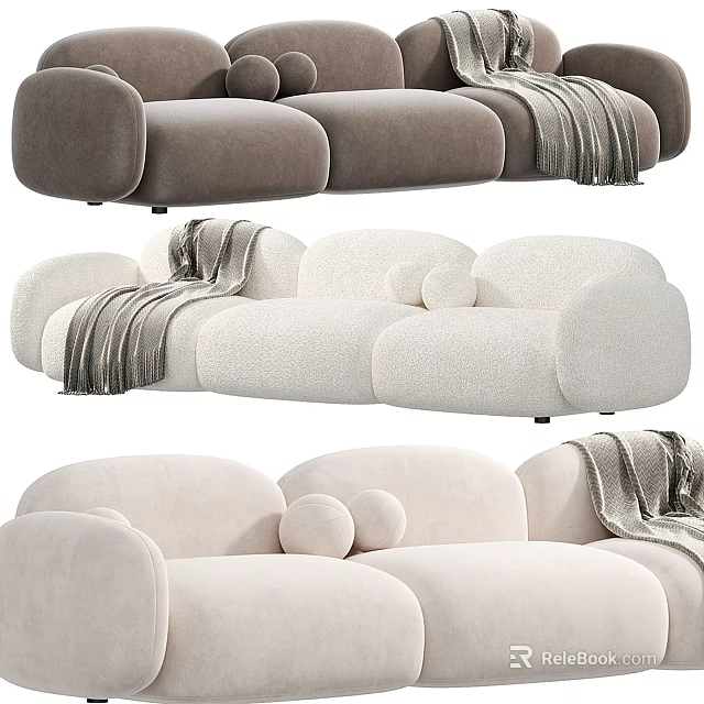Plush Neutral Colored Three-Seater Sofa With Cozy Blanket And Round Decorative Pillows 3d model 