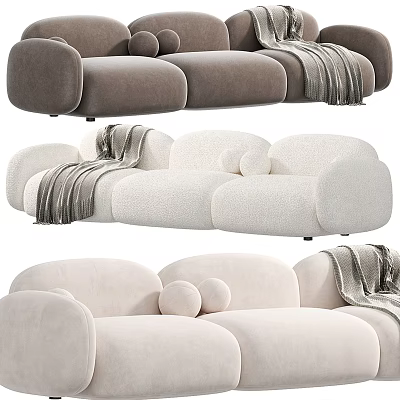Plush Neutral Colored Three-Seater Sofa With Cozy Blanket And Round Decorative Pillows 3d model