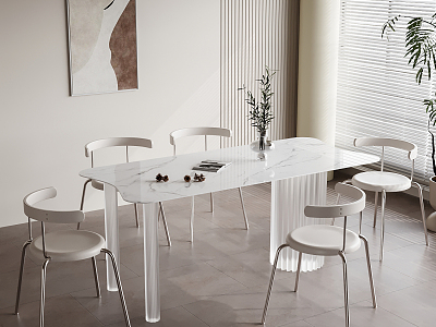 Modern Dining Table and Chair Combination Cream Dining Table Dining Chair Table Ornaments 3d model