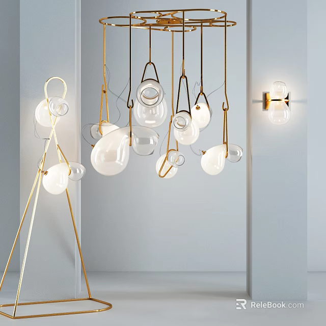 Modern Interior Design Lighting Combination With Hanging Glass Globes Metal Frames And Wall Sconces 3d model 