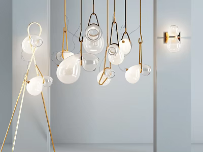 Modern Interior Design Lighting Combination With Hanging Glass Globes Metal Frames And Wall Sconces 3d model