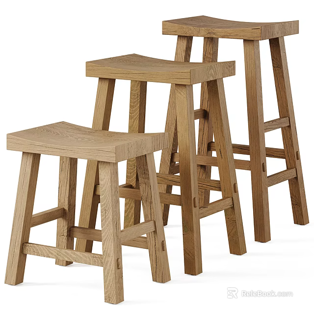 Three Wooden Stools With Different Heights And Natural Wood Finish For Kitchen Bar Use 3d model 