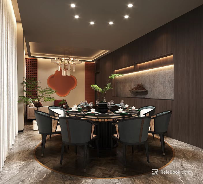 Elegant Private Room Interior With Round Dining Table Chairs Tableware And Chandelier Decorations 3d model