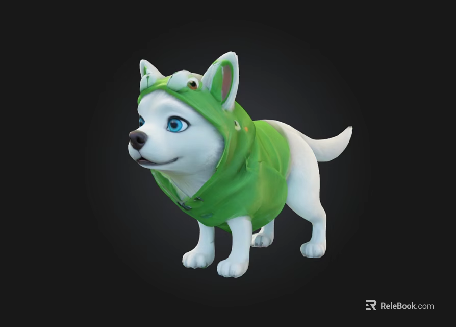 Cute White Dog 3D Model Wearing Green Frog Costume With Blue Eyes And Adorable Design 3d model 
