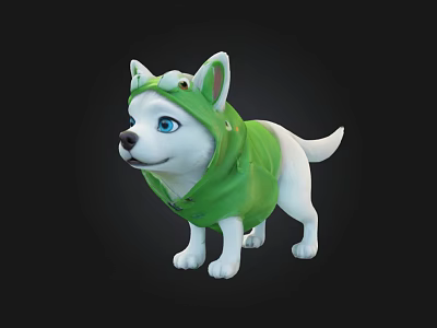 Cute White Dog 3D Model Wearing Green Frog Costume With Blue Eyes And Adorable Design 3d model