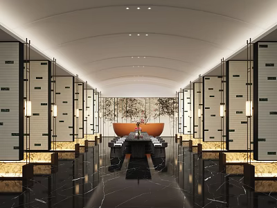 Modern Luxury Hotel Lobby Interior With Arched Ceiling Black Marble Flooring And Reception Desk 3d model