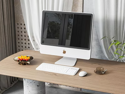 iMac Desktop Computer on Wooden Desk with Fruit Plate Keyboard Mouse and Coffee Cup 3d model