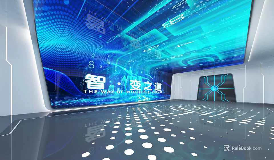 Intelligent Exhibition Space Design Featuring Futuristic Blue Digital Background And Elements 3d model 